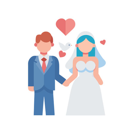 Minimalist wedding couple illustration with hearts and dove symbolのイラスト素材