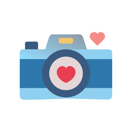 Flat design blue camera with heart icons around it