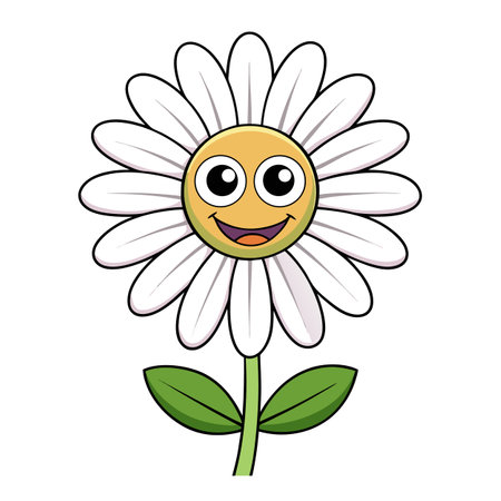 Cheerful cartoon daisy with happy face and green stemのイラスト素材