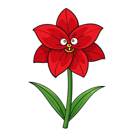 Cartoon happy red flower with green stem and leavesのイラスト素材