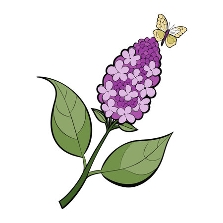Lilac bloom with butterfly resting on the flower apex