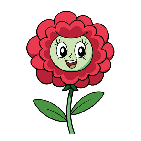 Cartoon happy red flower with green stem and leavesのイラスト素材