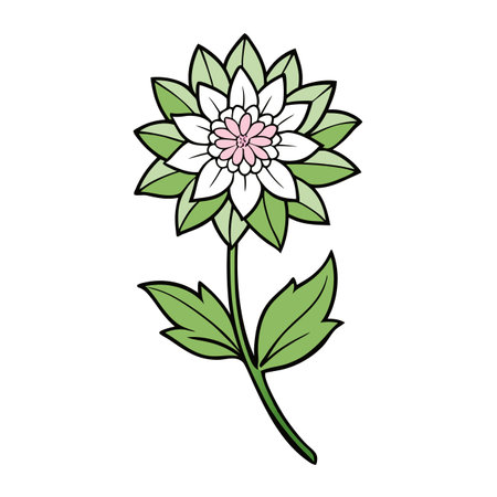 Stylized Flower Illustration with Green Leaves and Pink Centerのイラスト素材