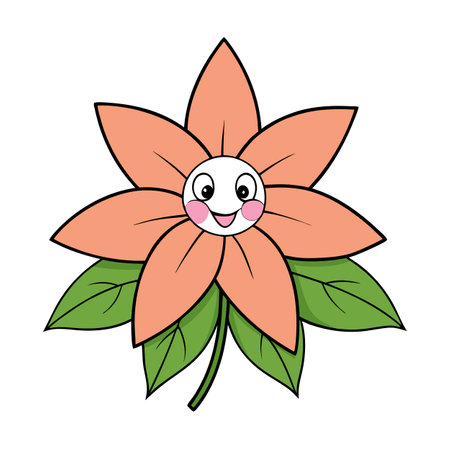 Cheerful cartoon flower character with smile and green leavesのイラスト素材