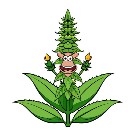 Cartoon character merges with a vibrant green flowering plantのイラスト素材
