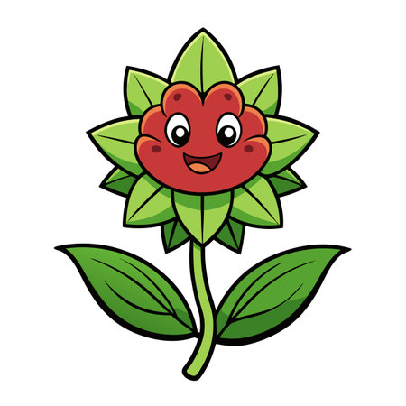 Cheerful cartoon flower with face and green leavesのイラスト素材