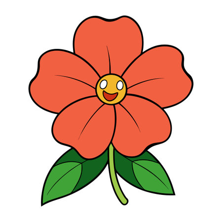 Happy cartoon flower illustration with red petals and leavesのイラスト素材