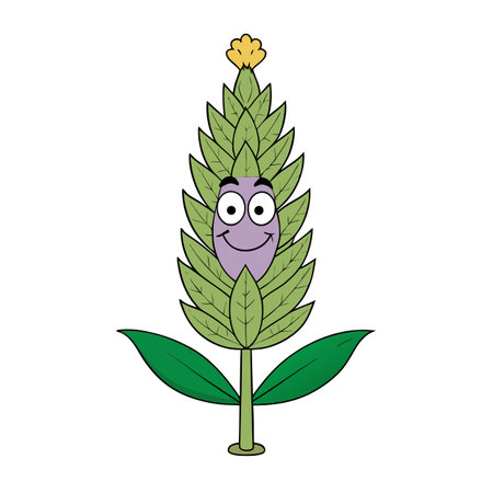 Whimsical cartoon lavender plant with expressive face and leavesのイラスト素材
