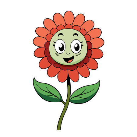 Cartoon flower character with cheerful face and leavesのイラスト素材