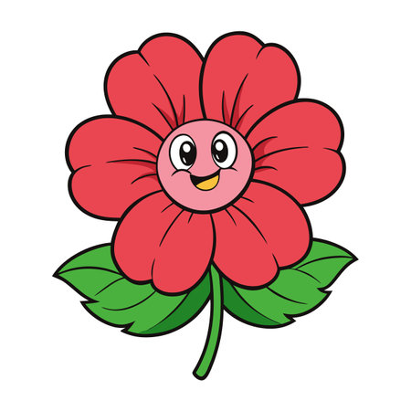 Cheerful cartoon flower with happy face and green leavesのイラスト素材