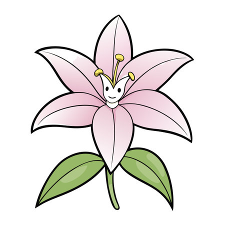 Cartoon flower illustration with cute smiling face and leavesのイラスト素材