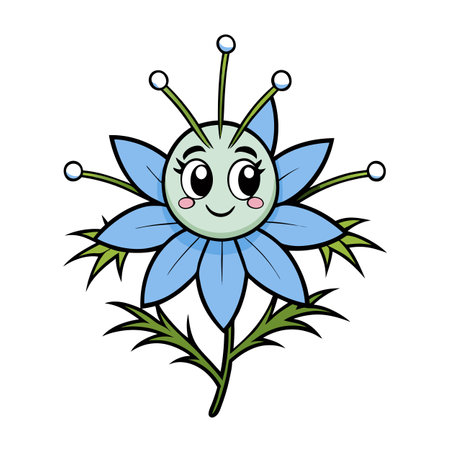 Cute cartoon love-in-a-mist flower illustration with happy faceのイラスト素材