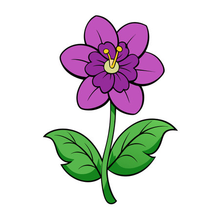 Cartoon flower illustration with purple petals and green leavesのイラスト素材
