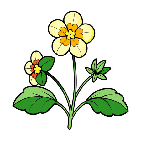Cartoon illustration of flowering plant with two blooms and leavesのイラスト素材