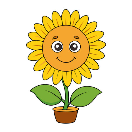 Cartoon sunflower with smiling face in brown flowerpotのイラスト素材