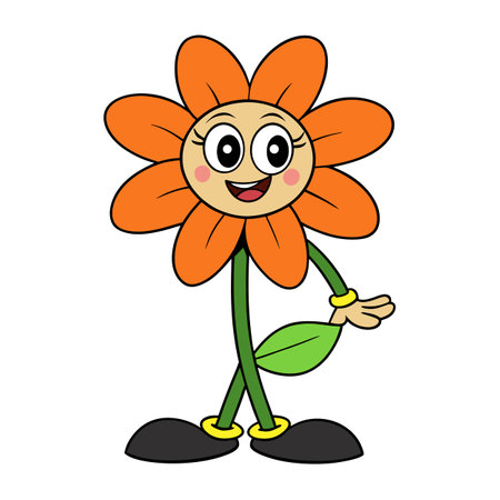 Cartoon flower character illustration with cheerful expression on whiteのイラスト素材