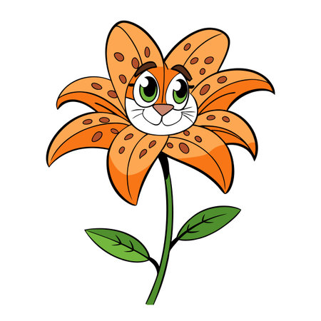 Tiger lily cartoon flower with cat face vector illustrationのイラスト素材