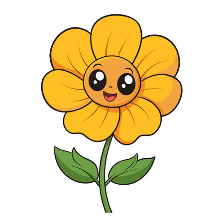Cartoon style happy yellow flower illustration on white backgroundのイラスト素材