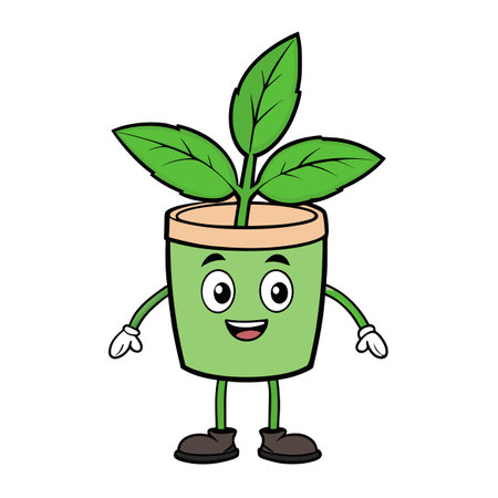 Cheerful cartoon plant pot character with bright green leavesのイラスト素材