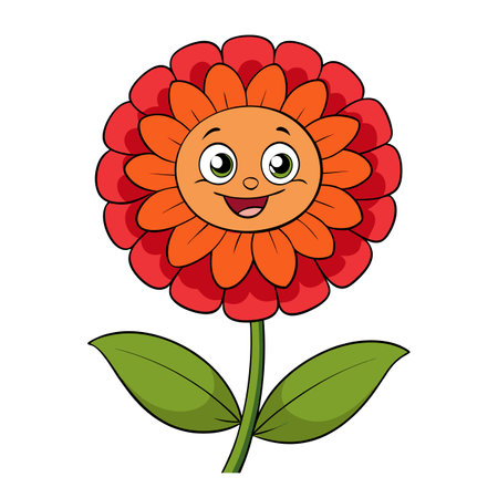 Cartoon flower with smiling face, petals and green leavesのイラスト素材