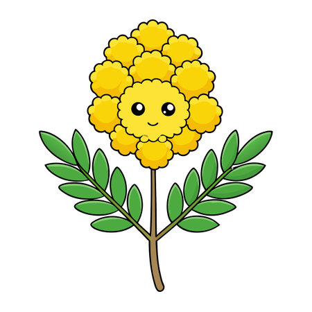 Cute cartoon mimosa flower with happy facial expression designのイラスト素材