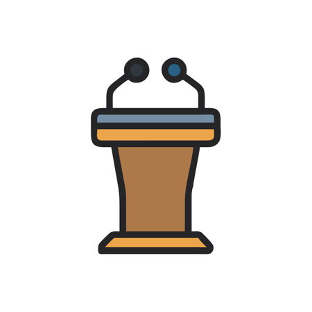 Speaker's podium illustration with microphones on black backgroundのイラスト素材