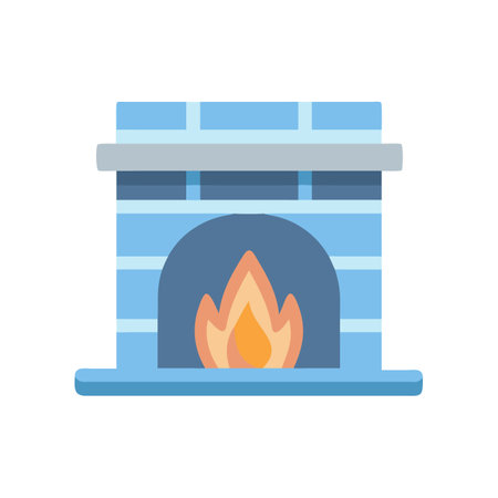 Blue brick fireplace with warm flame on black backgroundのイラスト素材