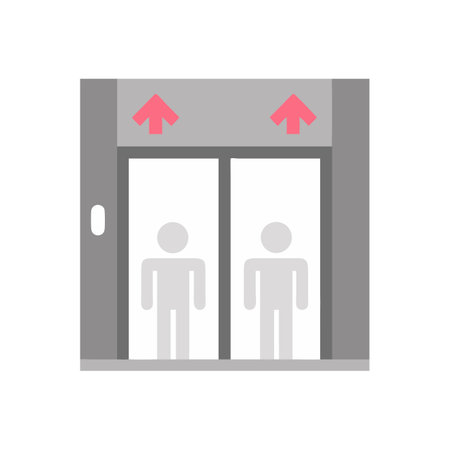 Elevator doors with figures and arrow symbols in a flat designのイラスト素材