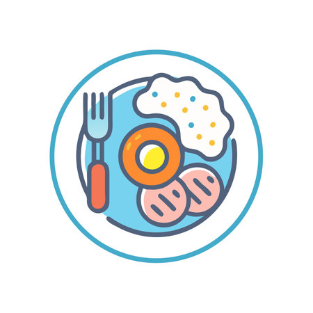 Cartoon breakfast plate with egg, ham, and riceのイラスト素材