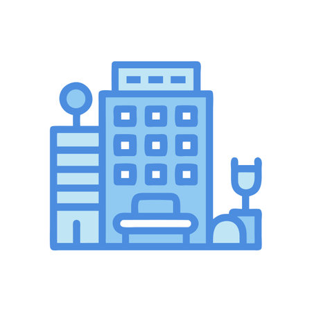 Iconic blue flat building illustration on black backgroundのイラスト素材