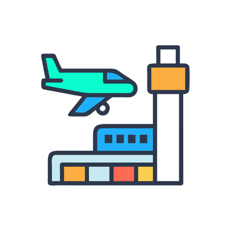 Flat design illustration of airport and plane landing graphicのイラスト素材