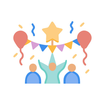 Party celebration with star banner balloons confetti and peopleのイラスト素材