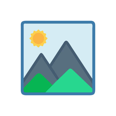Graphic mountain landscape illustration with sun, flat design style