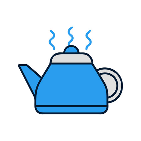 Stylized blue teapot illustration emitting steam isolated on blackのイラスト素材