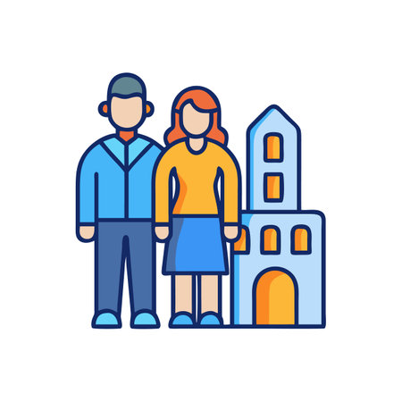 Couple and Building Icon With Blue and Orange Colorsのイラスト素材