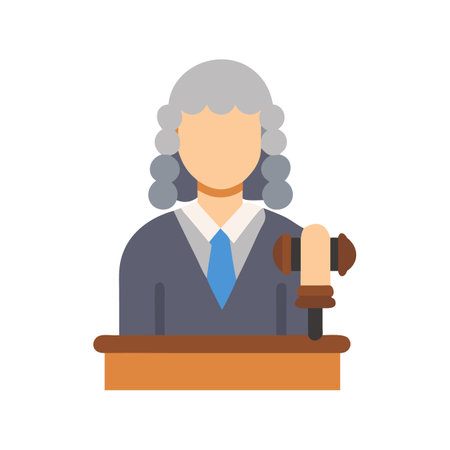 Flat vector judge character with gavel and black backdropのイラスト素材