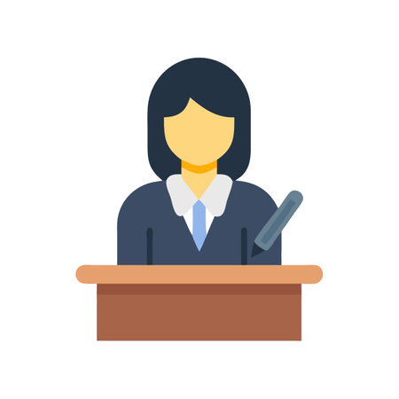 Female professional standing behind desk with pen in handのイラスト素材