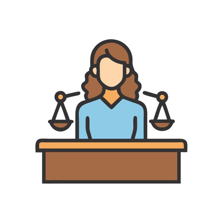 Female lawyer at desk with scales of justice iconのイラスト素材