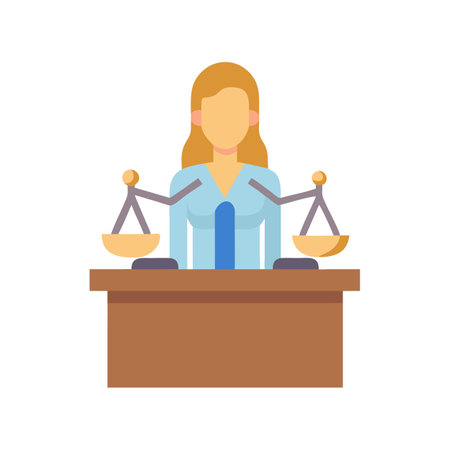 Illustration of a woman with scales of justice on deskのイラスト素材