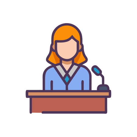 Businesswoman at podium giving speech with microphone flat illustrationのイラスト素材