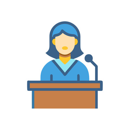 Woman speaker at podium with microphone on black backgroundのイラスト素材