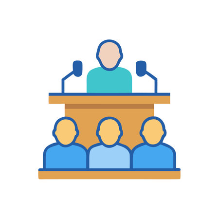 Flat illustration of a presenter with audience on blackのイラスト素材