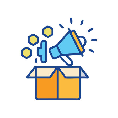 Marketing megaphone launching hexagon shapes from open package illustrationのイラスト素材