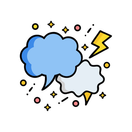 Conceptual lightning and speech bubbles amidst colorful starburst patternのイラスト素材