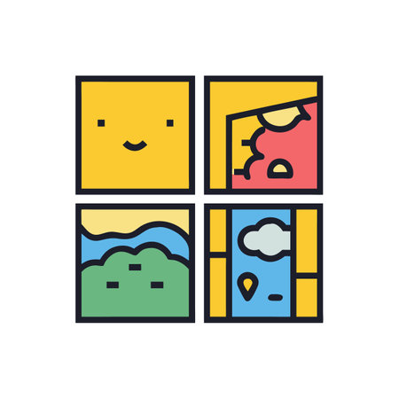 Abstract squares: facial expression, landscape, and travel iconsのイラスト素材