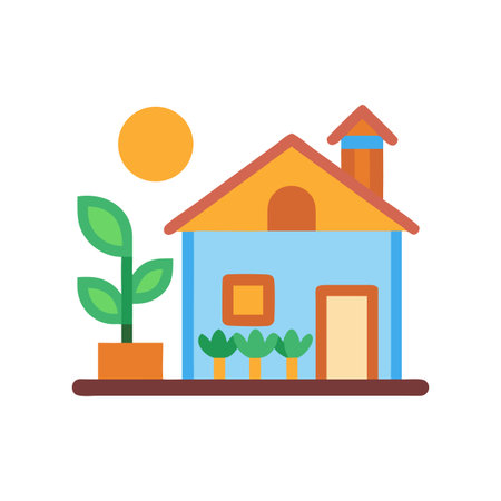 Stylized home with plant and sun flat vector illustrationのイラスト素材