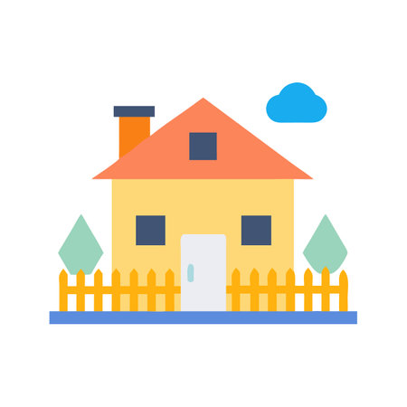 Simple house illustration with fence and trees, vector graphicのイラスト素材