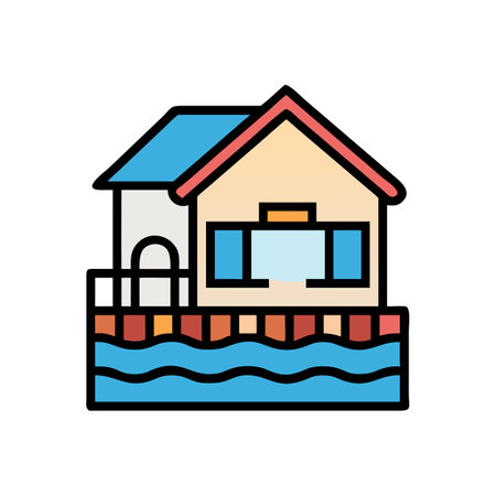 Stylized house on water with colorful geometric shapesのイラスト素材