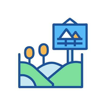 Stylized countryside scene with sign post and nature iconのイラスト素材