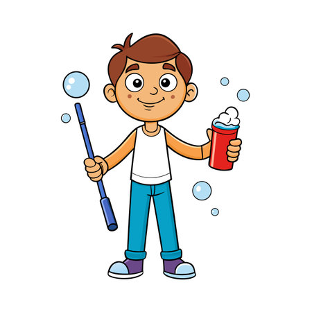 Cartoon boy blowing bubbles having fun on white backgroundのイラスト素材
